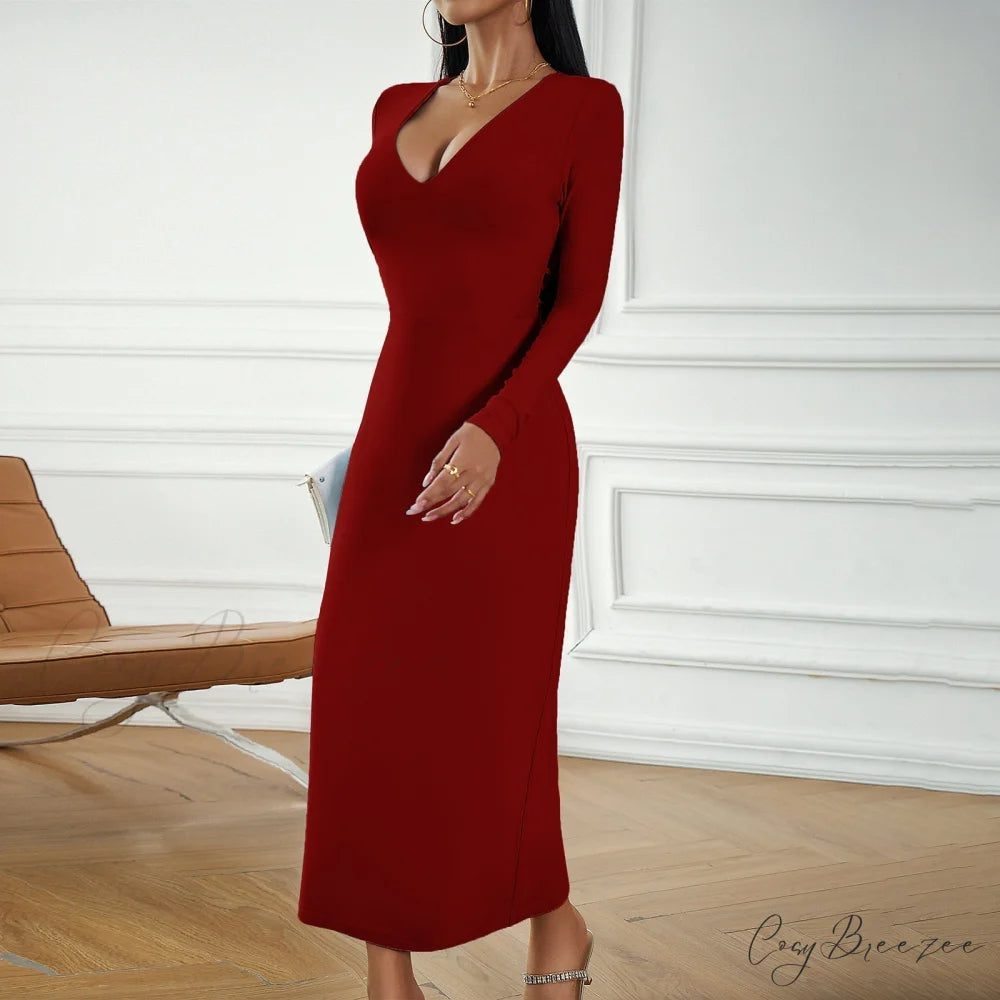 Sky Blue Midi Dress with Alluring Neckline and Comfort Fit S / Burgundy