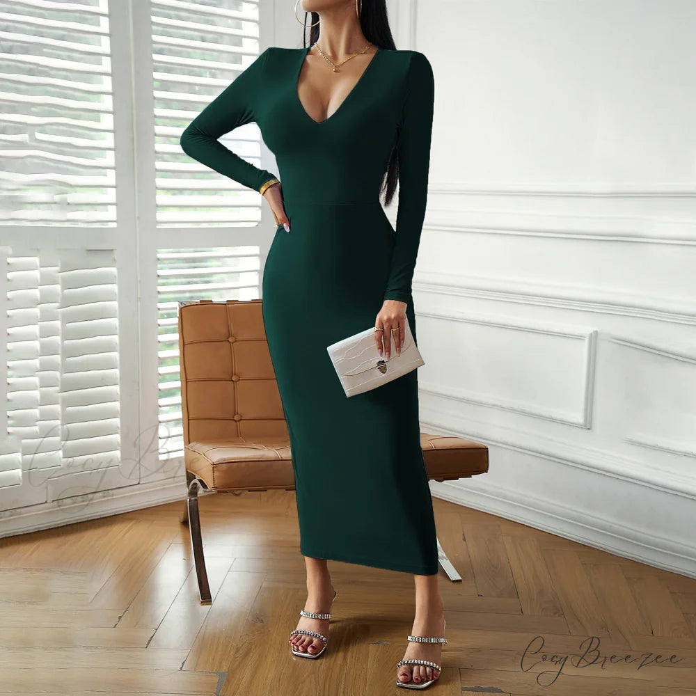 Sky Blue Midi Dress with Alluring Neckline and Comfort Fit S / Navy