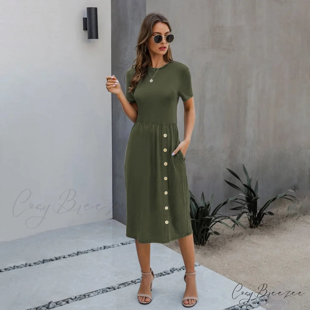 Slant Pocket Button Dress Army Green / S