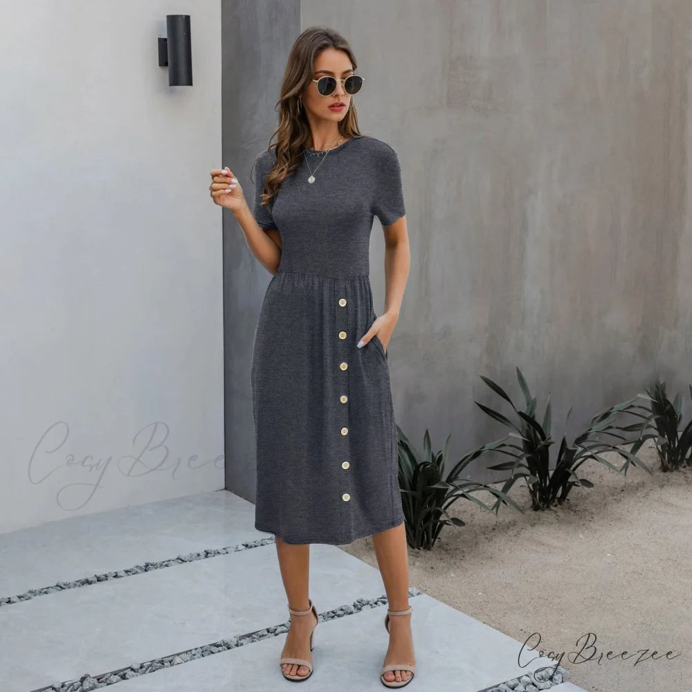 Slant Pocket Button Dress Dark Gray / S