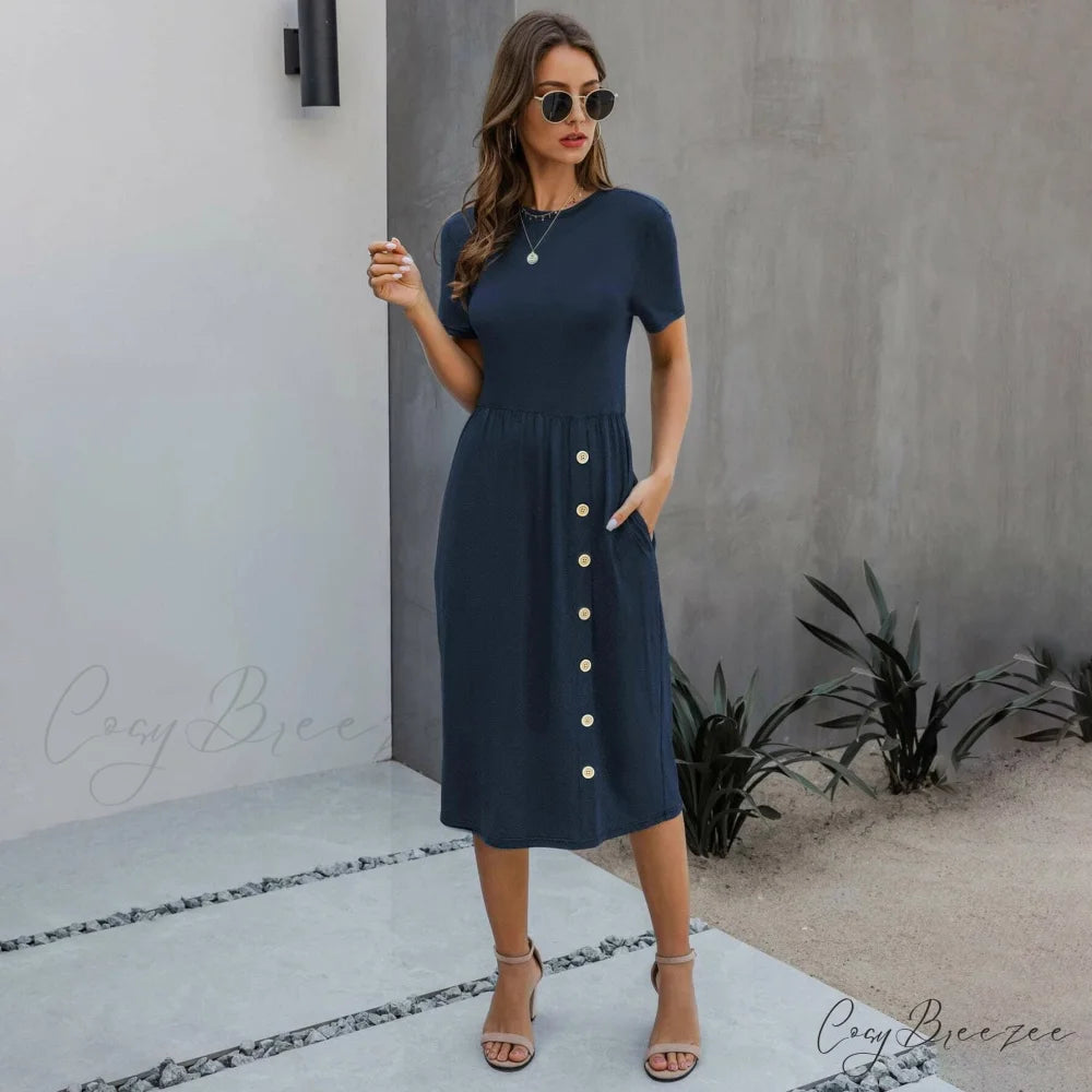 Slant Pocket Button Dress Navy Blue / S