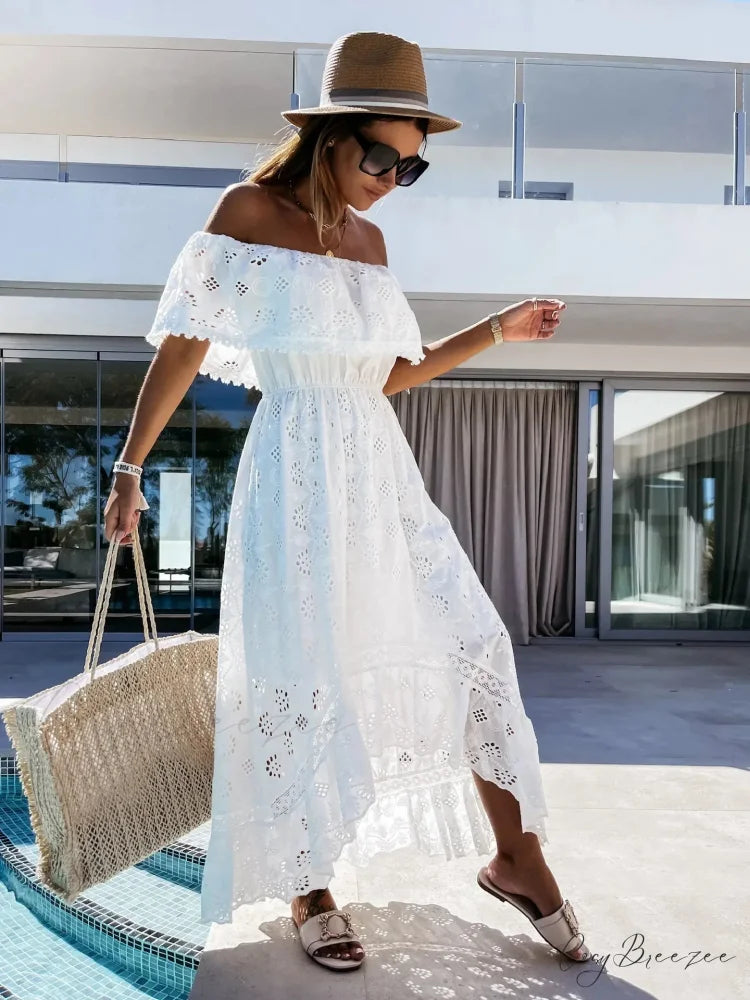 Slash Neck Embroidery Lace Hollow Out Maxi White Boho Dress bohodress-250126