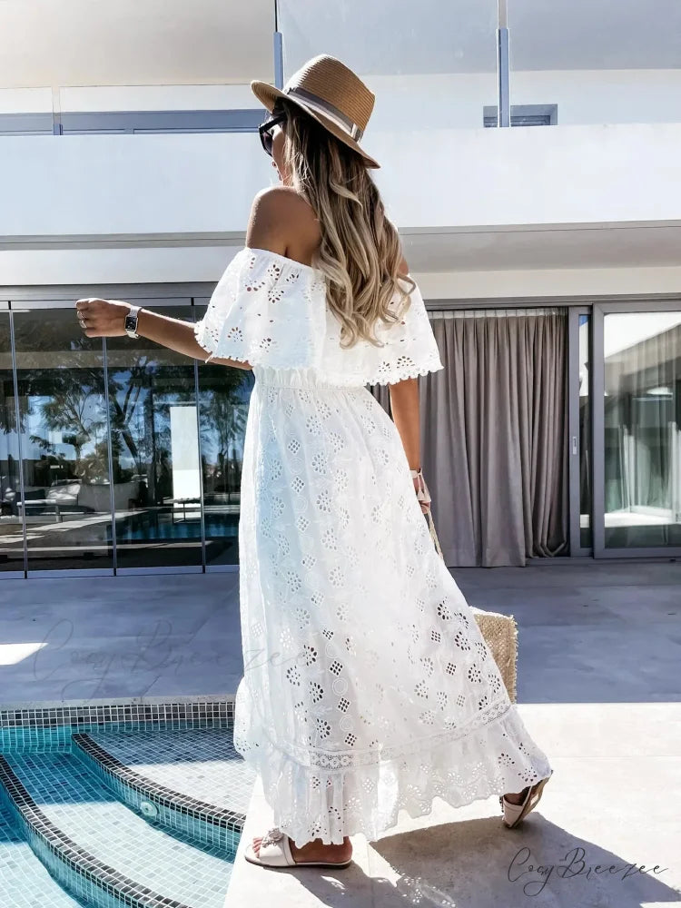 Slash Neck Embroidery Lace Hollow Out Maxi White Boho Dress bohodress-250126