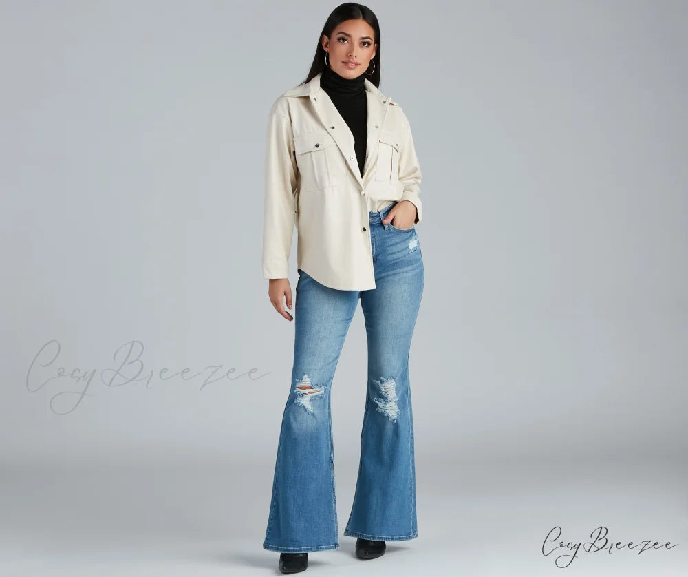 Sleek Trends Faux Leather Tie-Waist Shirt Jacket