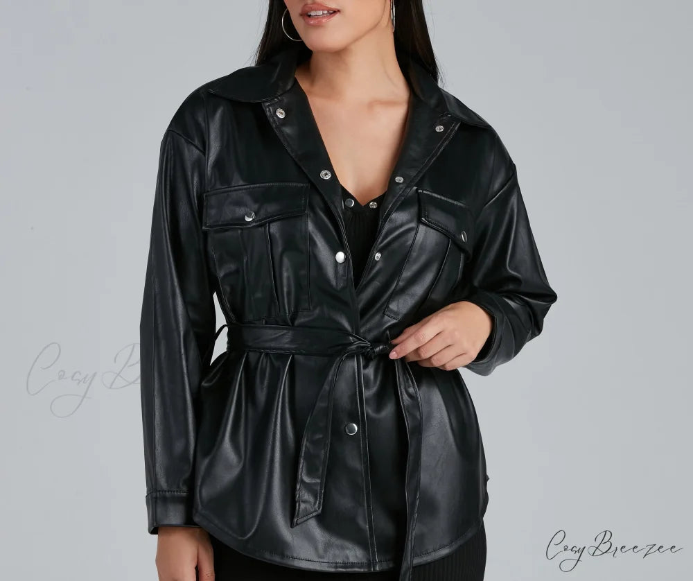 Sleek Trends Faux Leather Tie-Waist Shirt Jacket