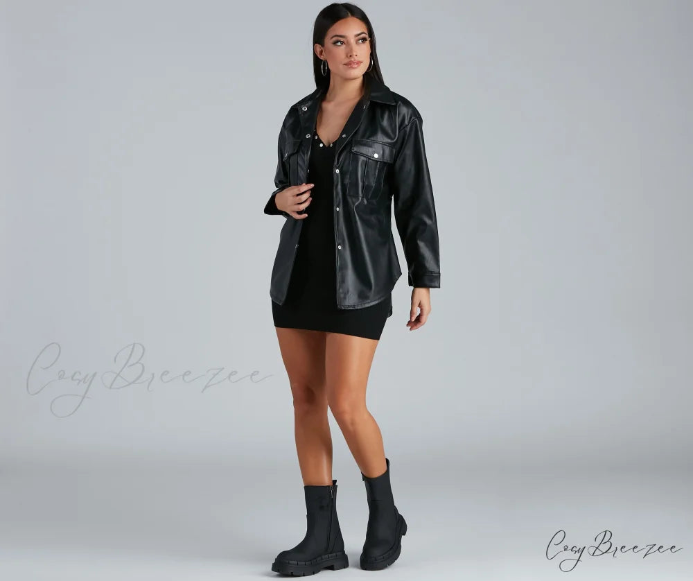 Sleek Trends Faux Leather Tie-Waist Shirt Jacket