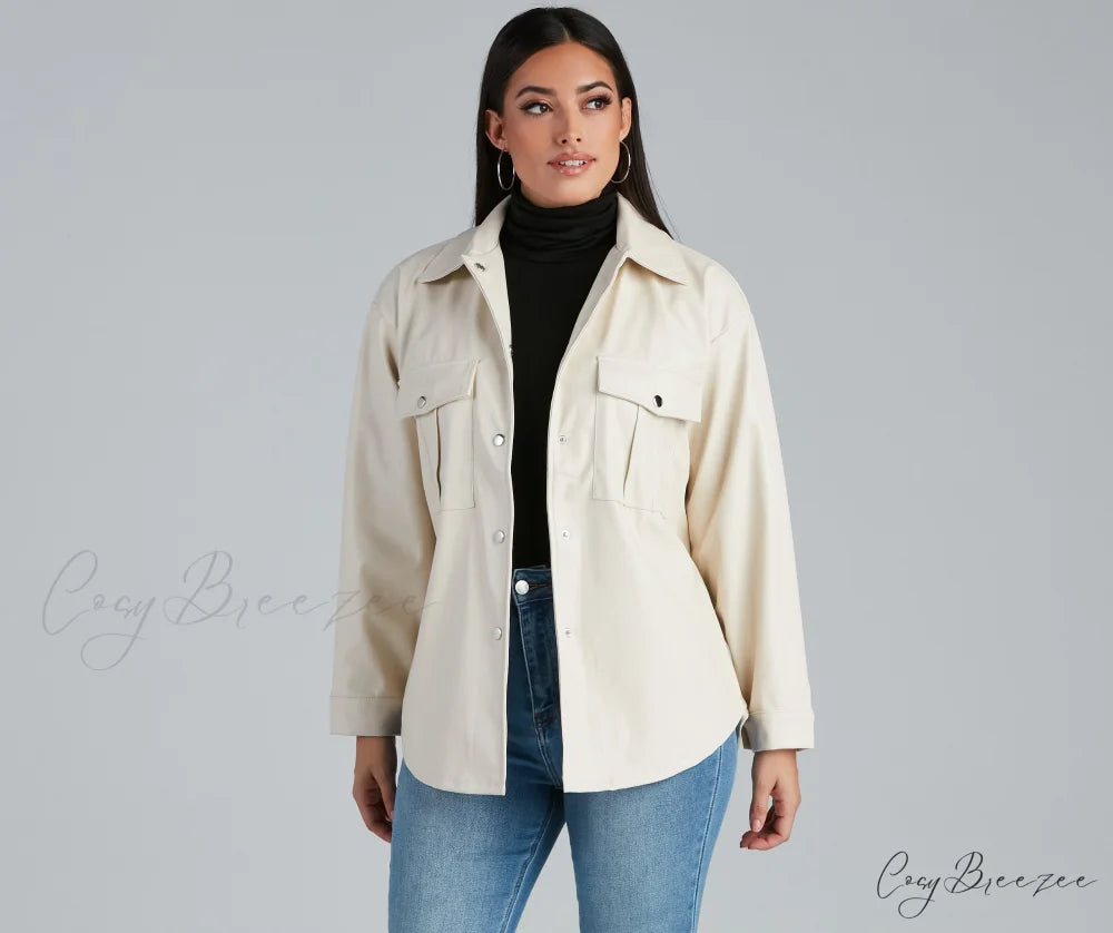 Sleek Trends Faux Leather Tie-Waist Shirt Jacket IVORY / S