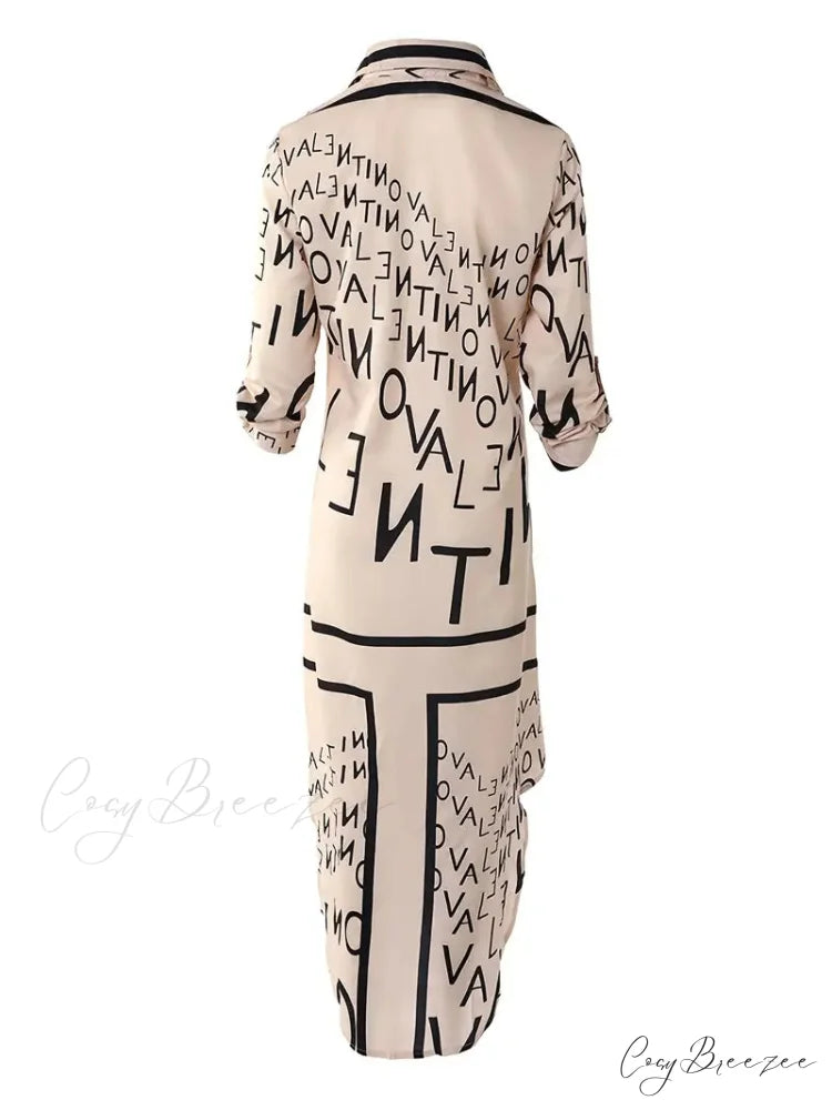 Sleeve Gown Blouse Loose Letter - Design Long Fit S / Blue