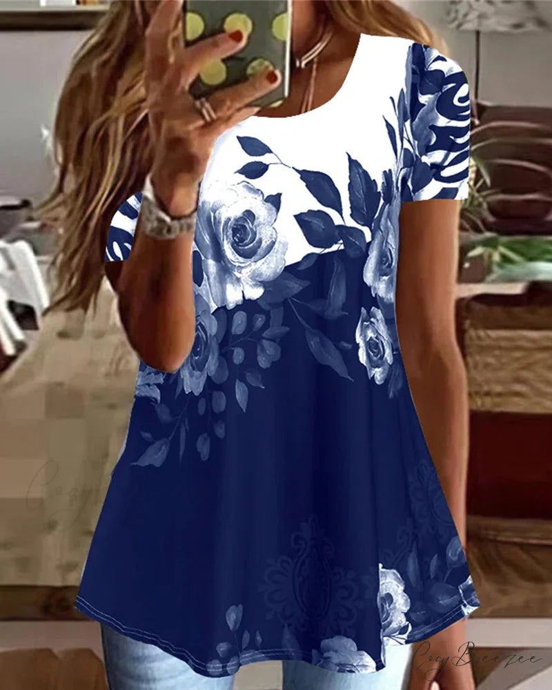 sleeve short print Flowered tee Blue / S