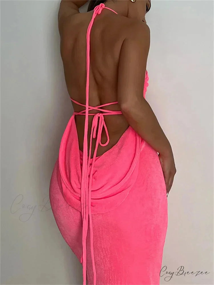 Sleeveless Backless Drawstring Hollow Out Sexy Split Summer Women Party Y2K Beach Vestidos Pink / S