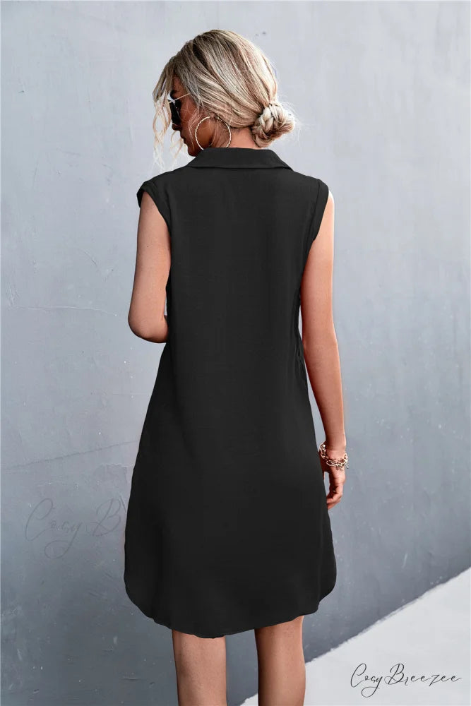 Sleeveless Black Half Button Dress S / Green