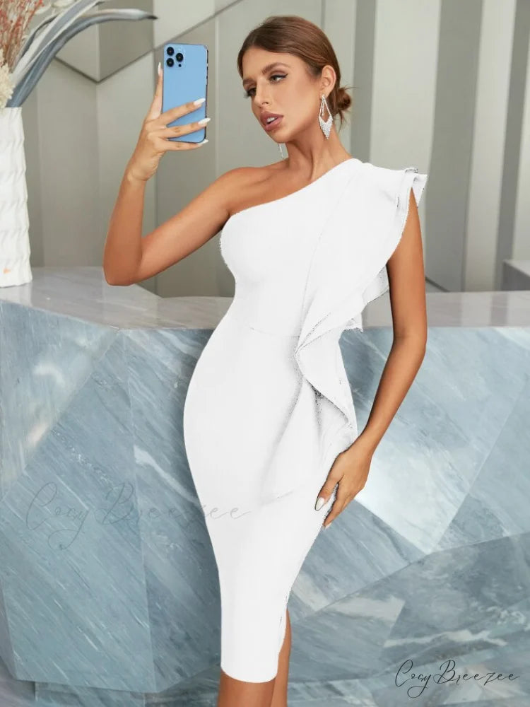 Sleeveless Black Ruffles Evening Party Dresses White Bandage Dress / XS