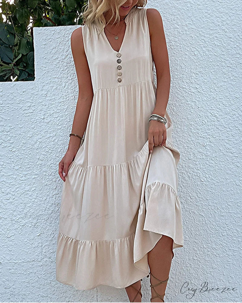 Sleeveless Casual Dress in Solid Color Beige / S