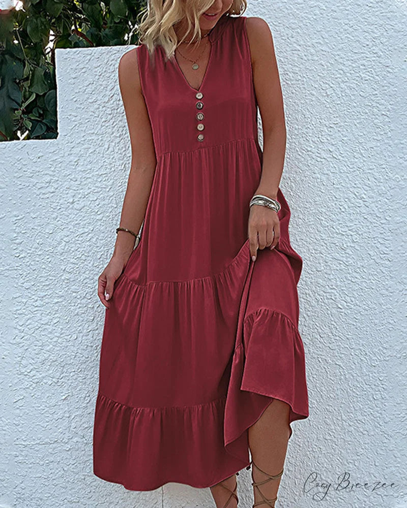 Sleeveless Casual Dress in Solid Color Burgundy / S