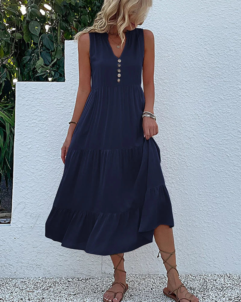 Sleeveless Casual Dress in Solid Color Dark blue / S