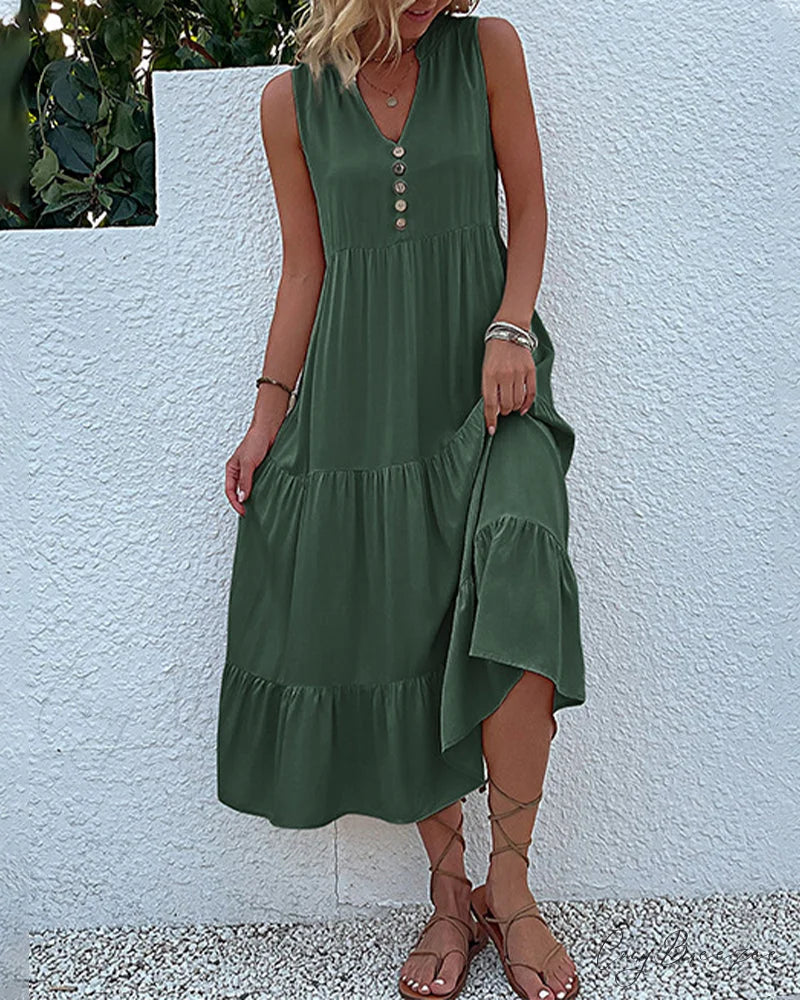 Sleeveless Casual Dress in Solid Color Green / S
