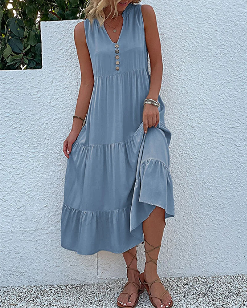 Sleeveless Casual Dress in Solid Color Sky blue / S