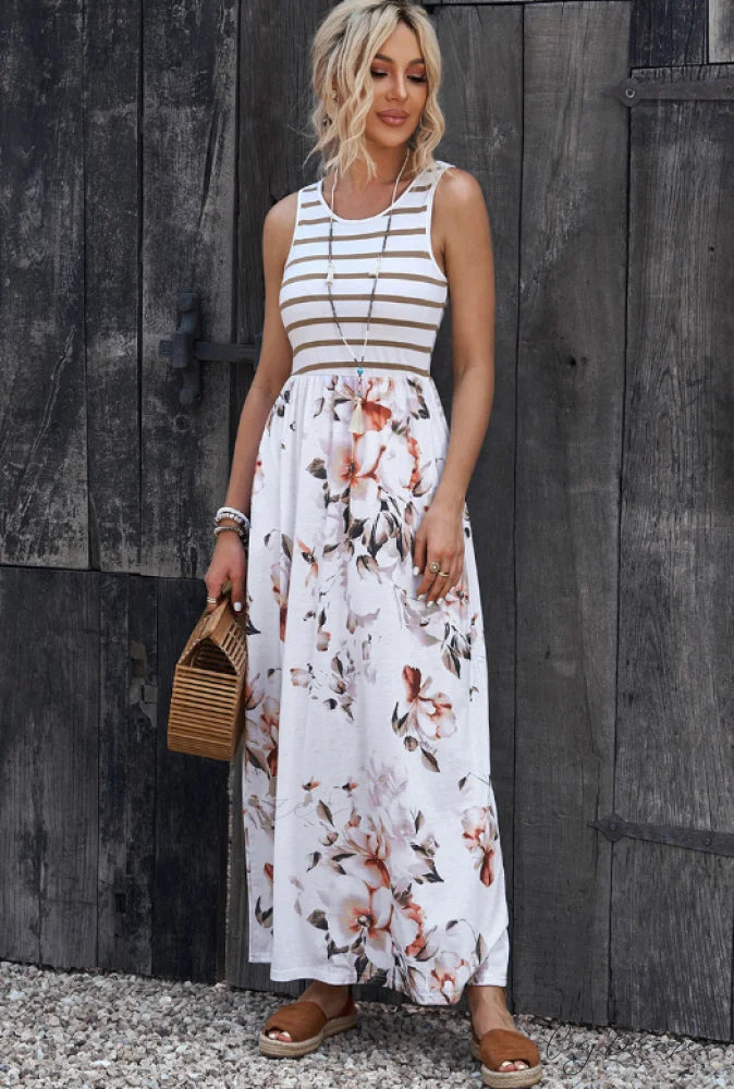 Sleeveless Contrast Striped Dress with Plant Flower Vest S / black