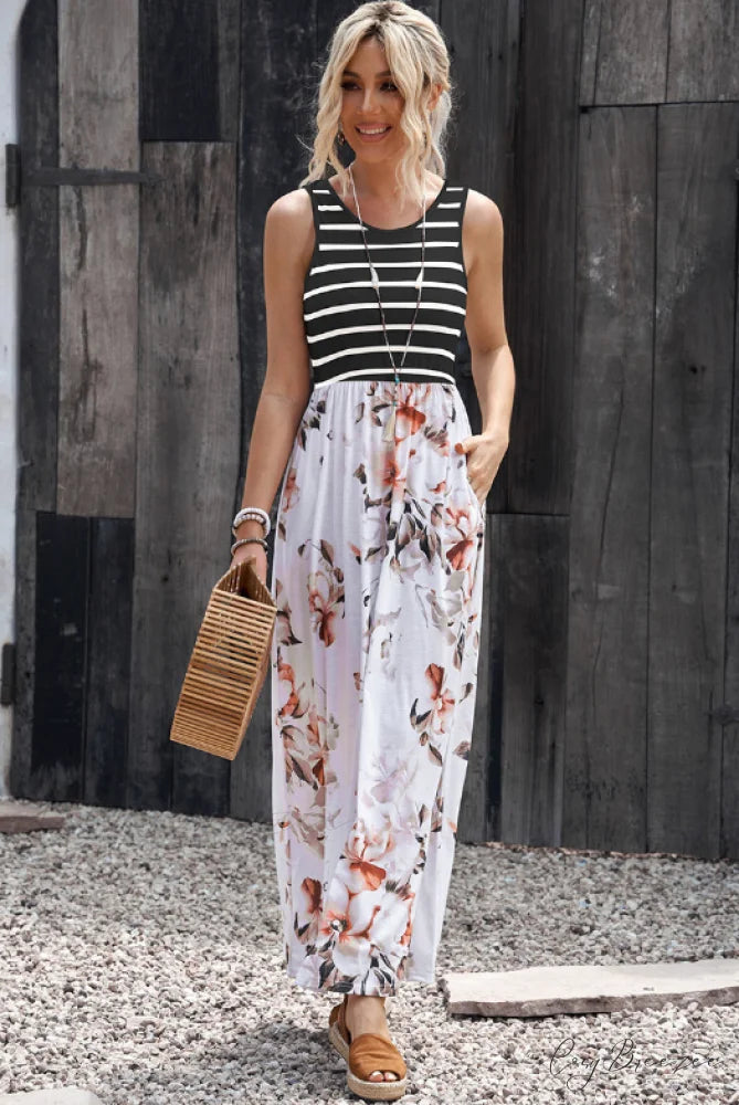Sleeveless Contrast Striped Dress with Plant Flower Vest S / leopard print