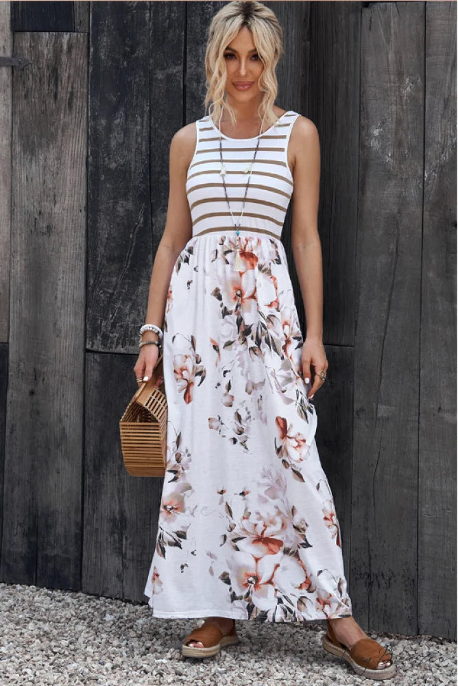 Sleeveless Contrast Striped Dress with Plant Flower Vest S / white