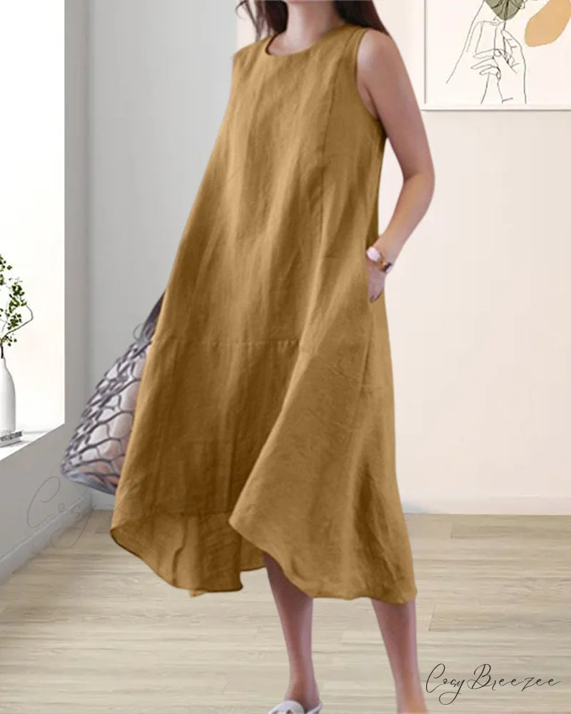 Sleeveless Cotton Linen Dress in Solid Color