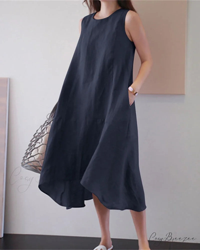 Sleeveless Cotton Linen Dress in Solid Color Dark blue / S