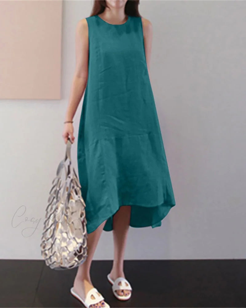 Sleeveless Cotton Linen Dress in Solid Color Green / S