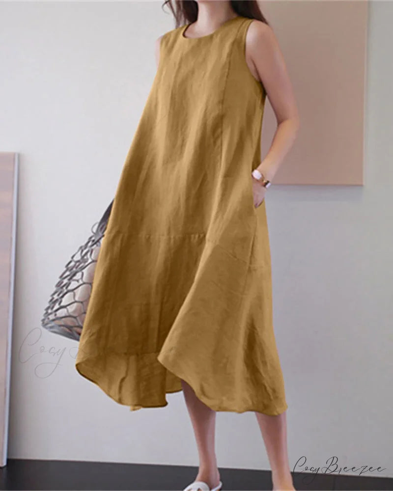 Sleeveless Cotton Linen Dress in Solid Color Yellow / S