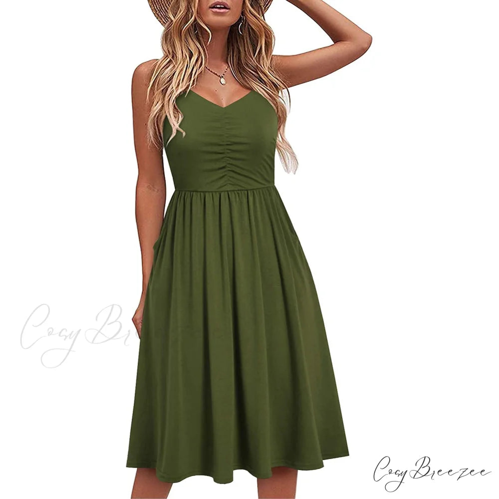 Sleeveless Cotton Summer Beach Dress for Women Army Green / S