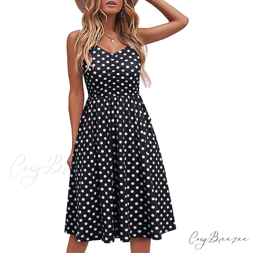 Sleeveless Cotton Summer Beach Dress for Women Black Dot / S