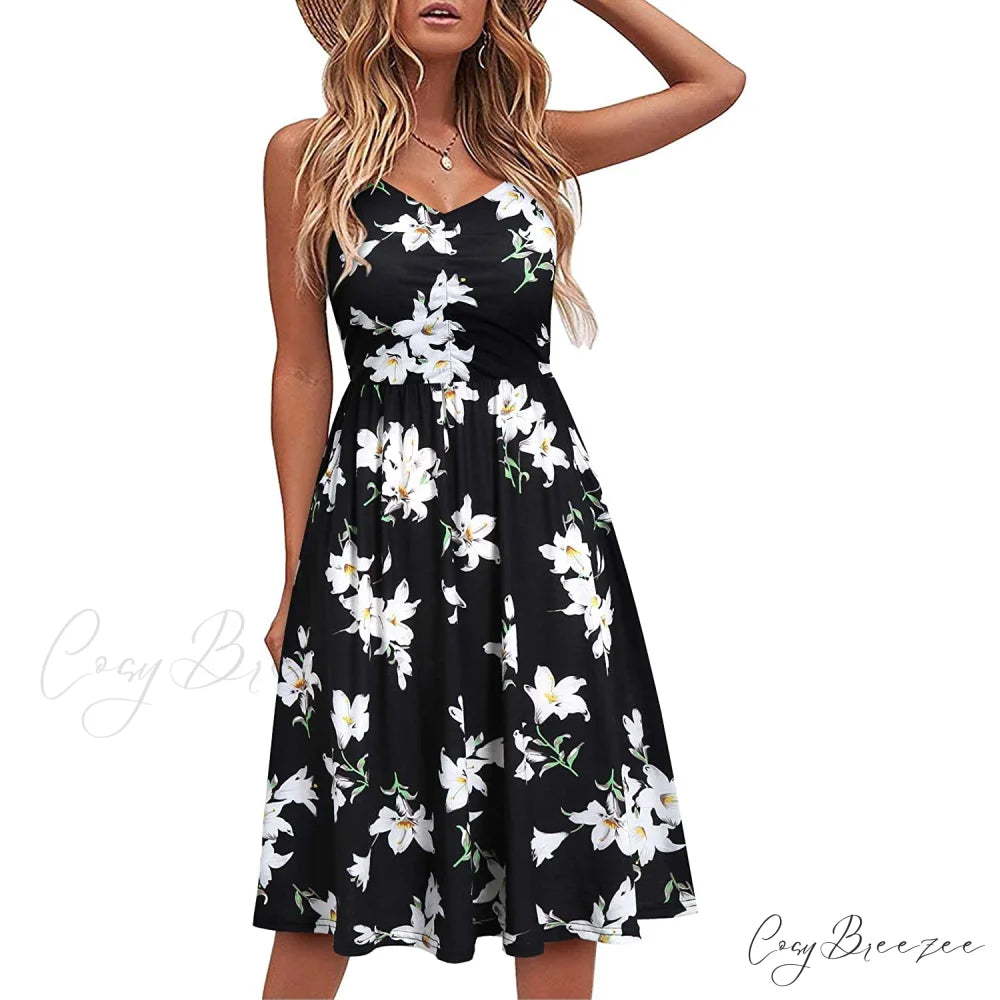Sleeveless Cotton Summer Beach Dress for Women Black Floral / S