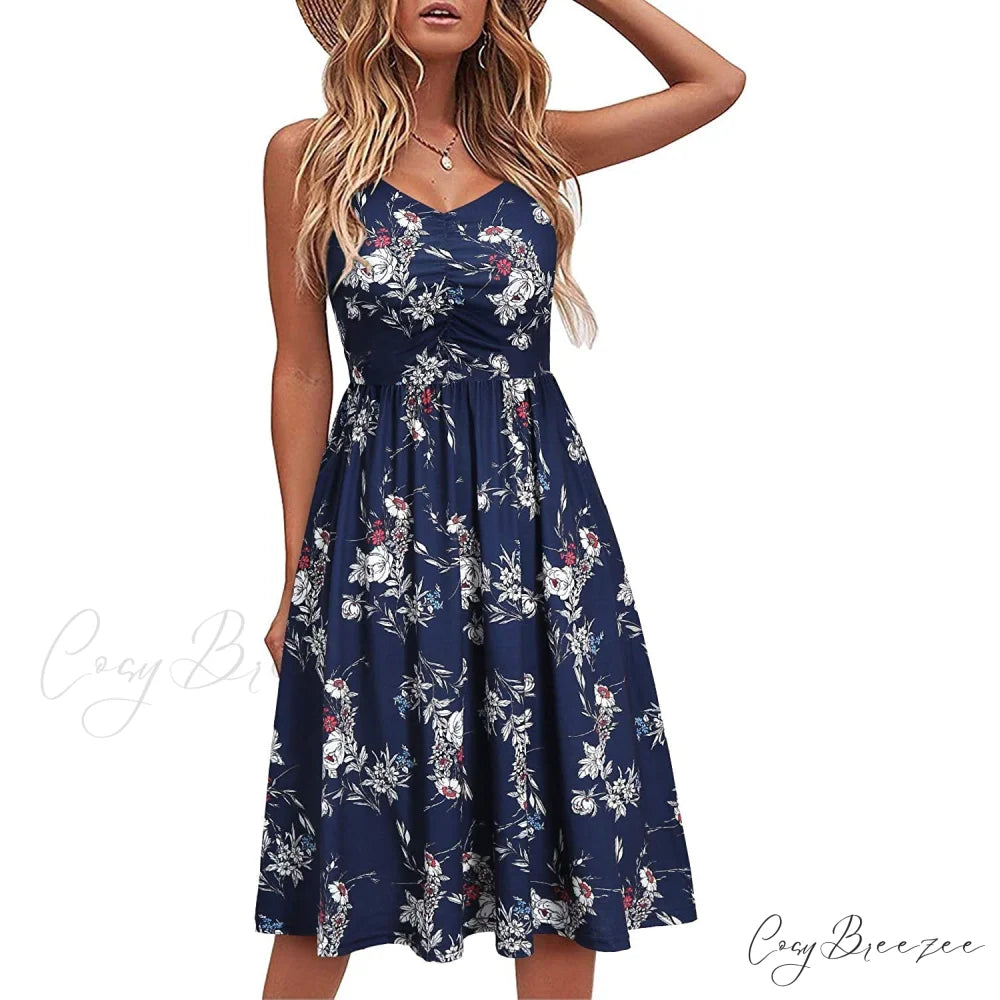 Sleeveless Cotton Summer Beach Dress for Women Navy Floral / S