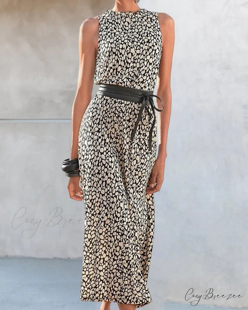 Sleeveless Dress with Belt - Fashion Print