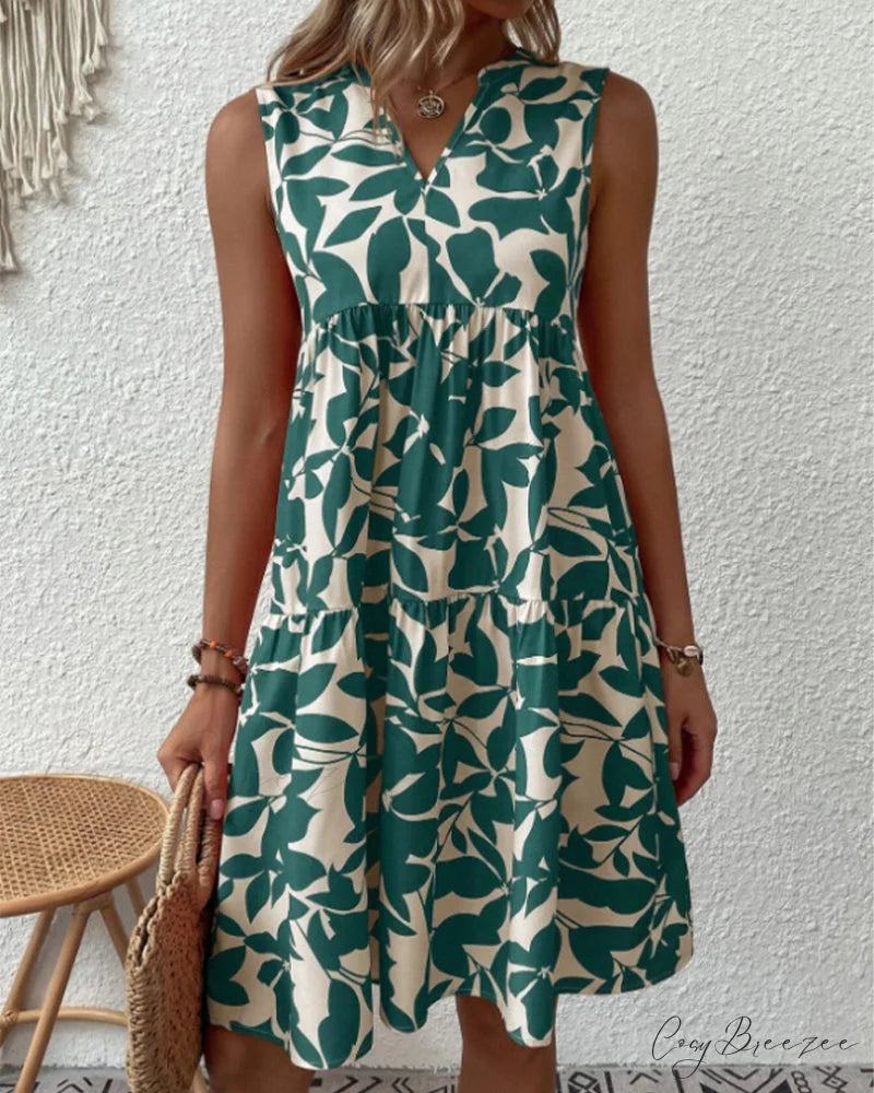 Sleeveless Dress with Leaves Print
