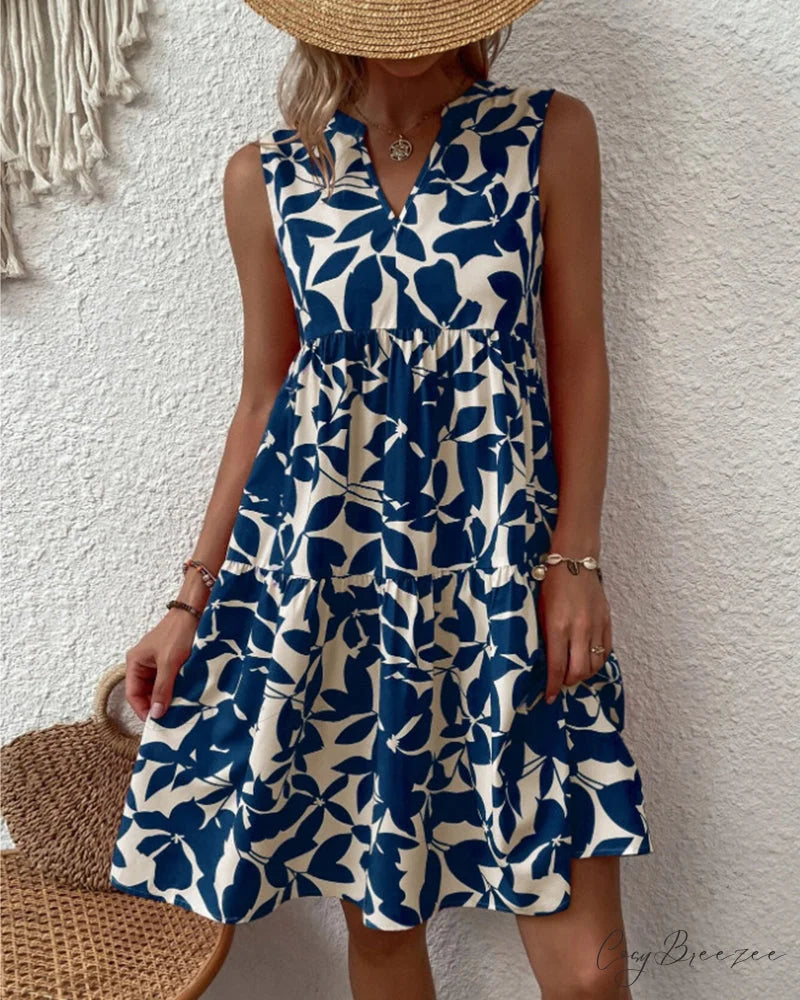 Sleeveless Dress with Leaves Print Dark blue / S