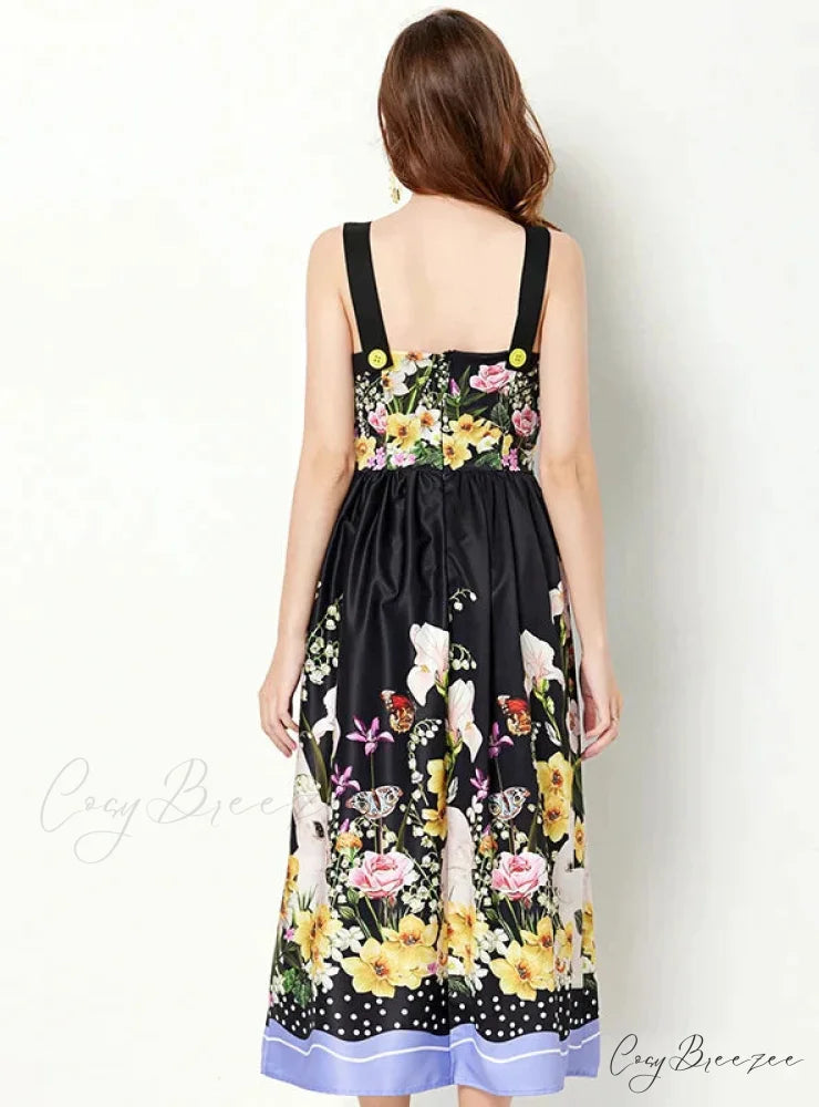 Sleeveless Dress with Printed Suspenders