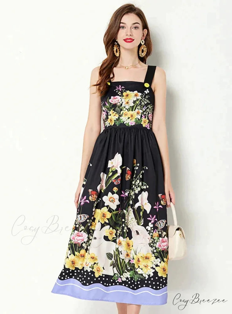 Sleeveless Dress with Printed Suspenders