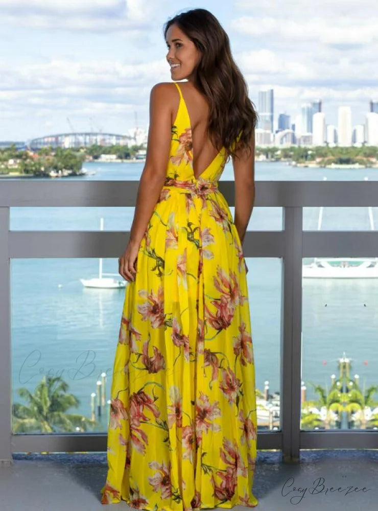 Sleeveless Floral Print Maxi Dress for Party or Beach M / RED