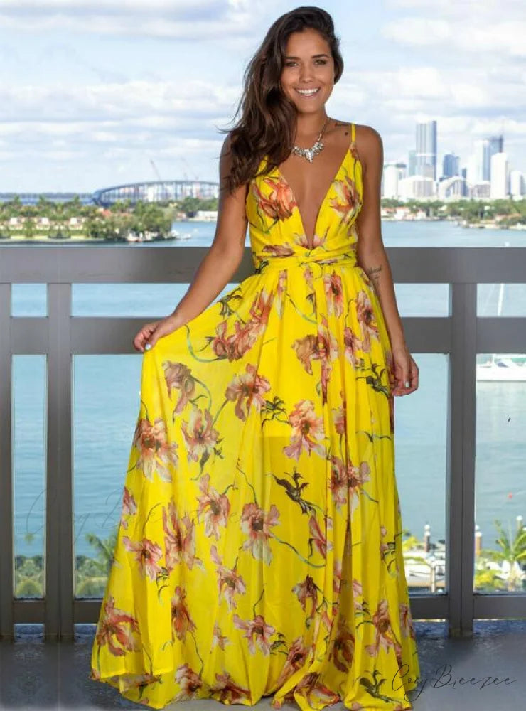 Sleeveless Floral Print Maxi Dress for Party or Beach S / YELLOW
