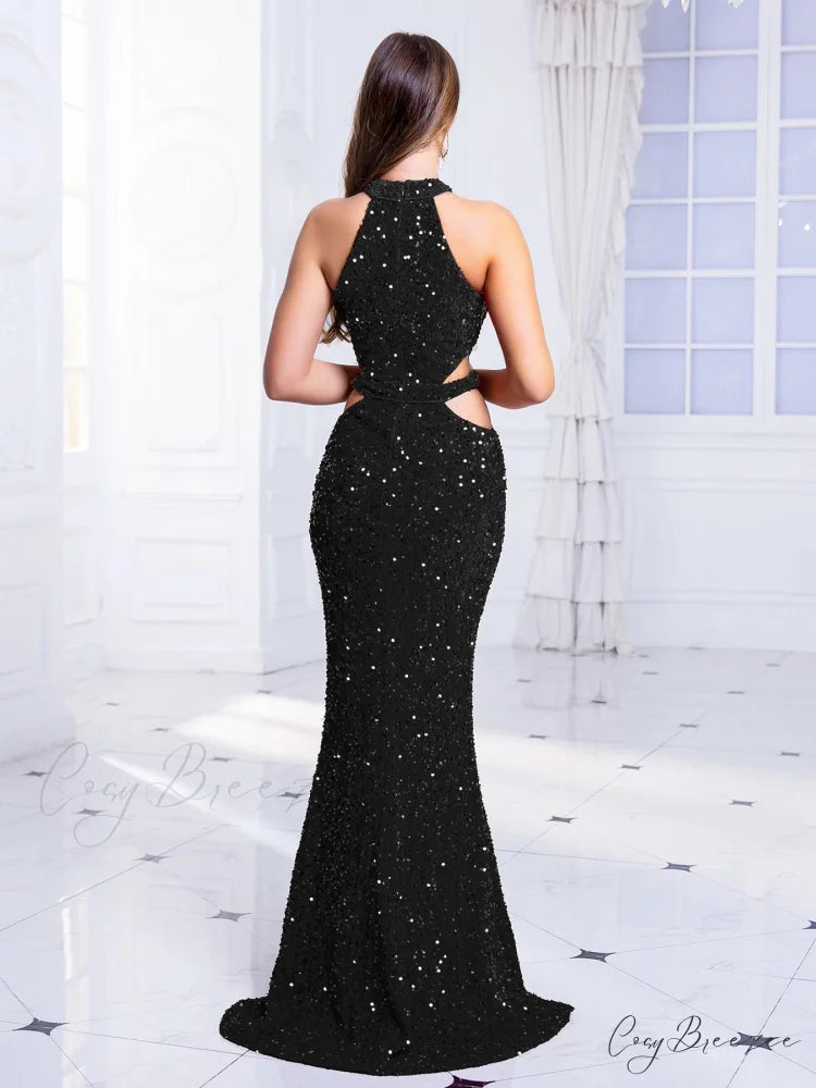 Sleeveless Hollow Out Sequined Party Dress