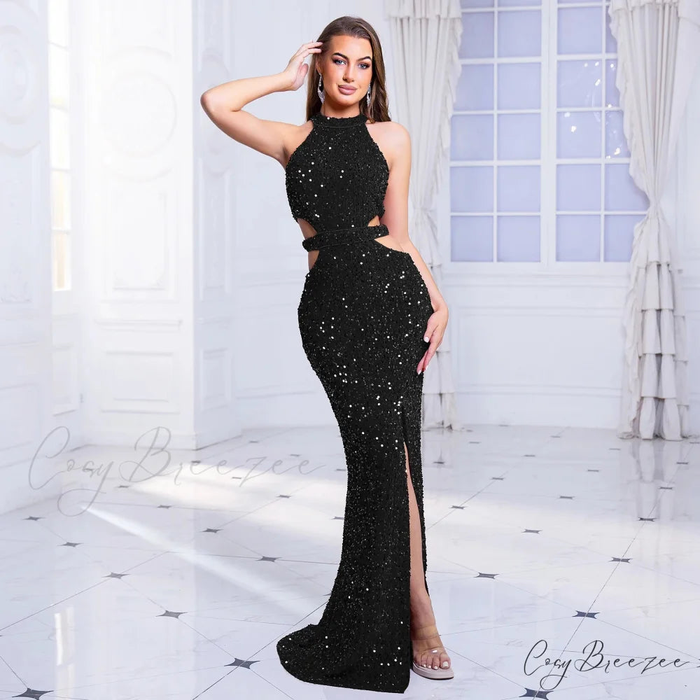 Sleeveless Hollow Out Sequined Party Dress Black / S
