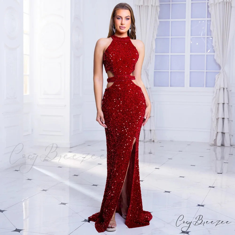 Sleeveless Hollow Out Sequined Party Dress Red / S