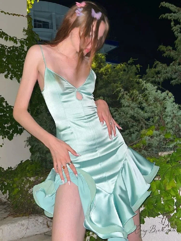 Sleeveless Hollow Out Split Bodycon Dresses Green / L