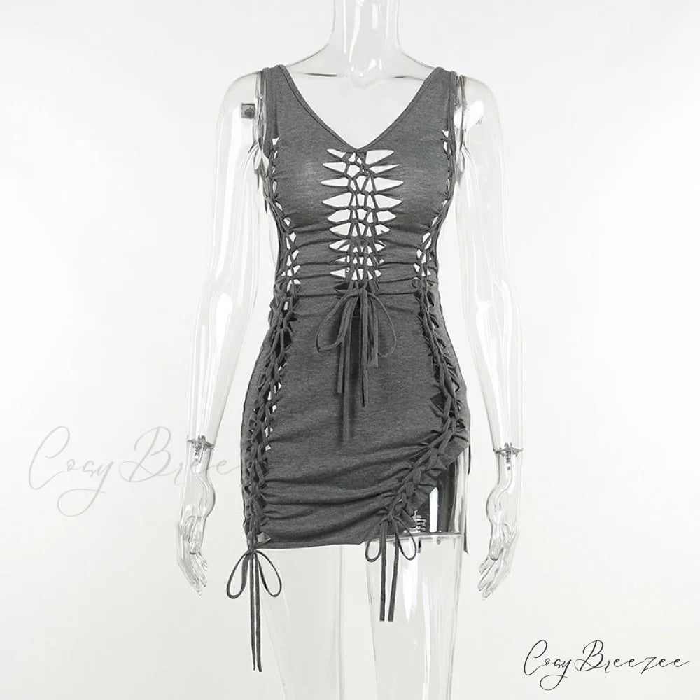 Sleeveless Lace Hollow Out Backless Dress - Women’s Casual Sexy Lolita