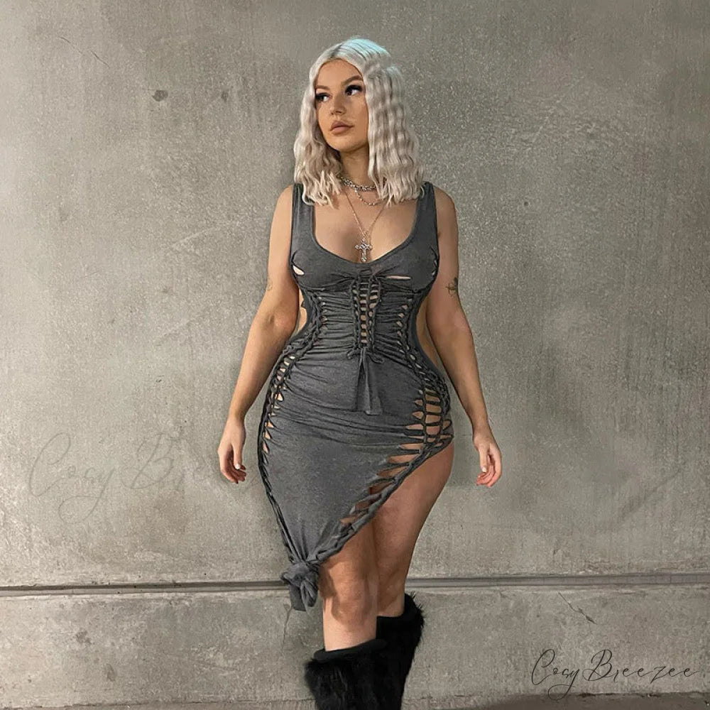 Sleeveless Lace Hollow Out Backless Dress - Women’s Casual Sexy Lolita