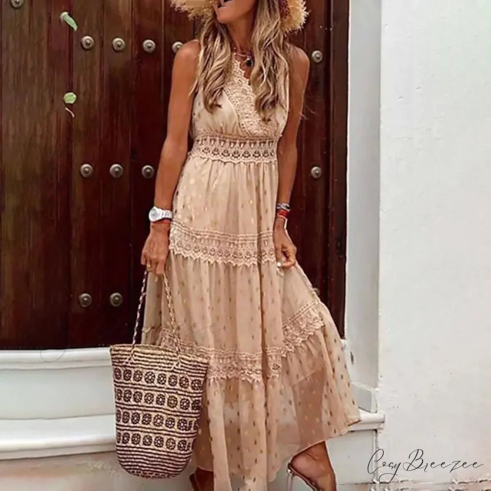 Sleeveless Lace Panel Dress for Women Beige / S