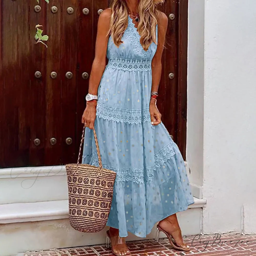 Sleeveless Lace Panel Dress for Women Blue / S