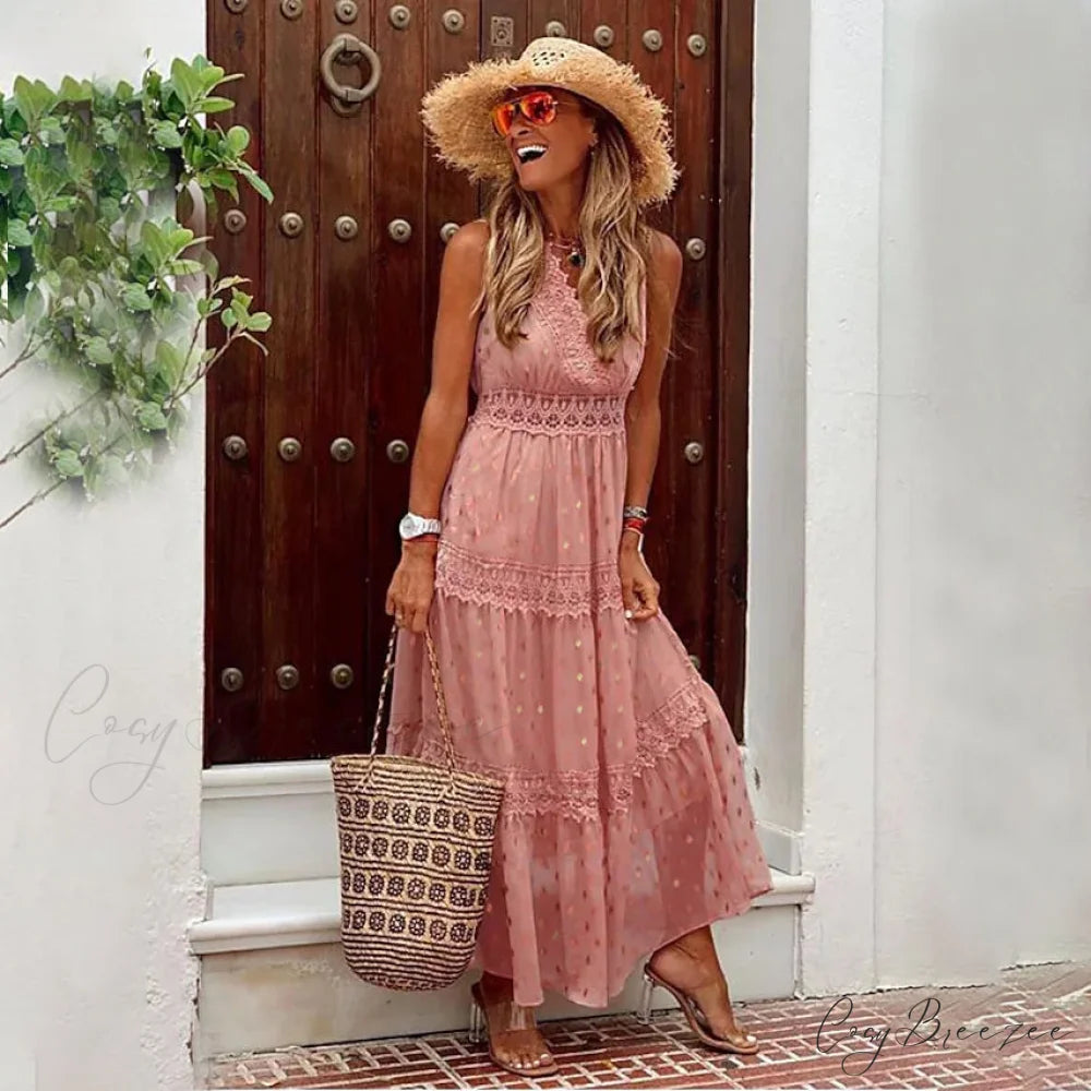 Sleeveless Lace Panel Dress for Women Pink / S