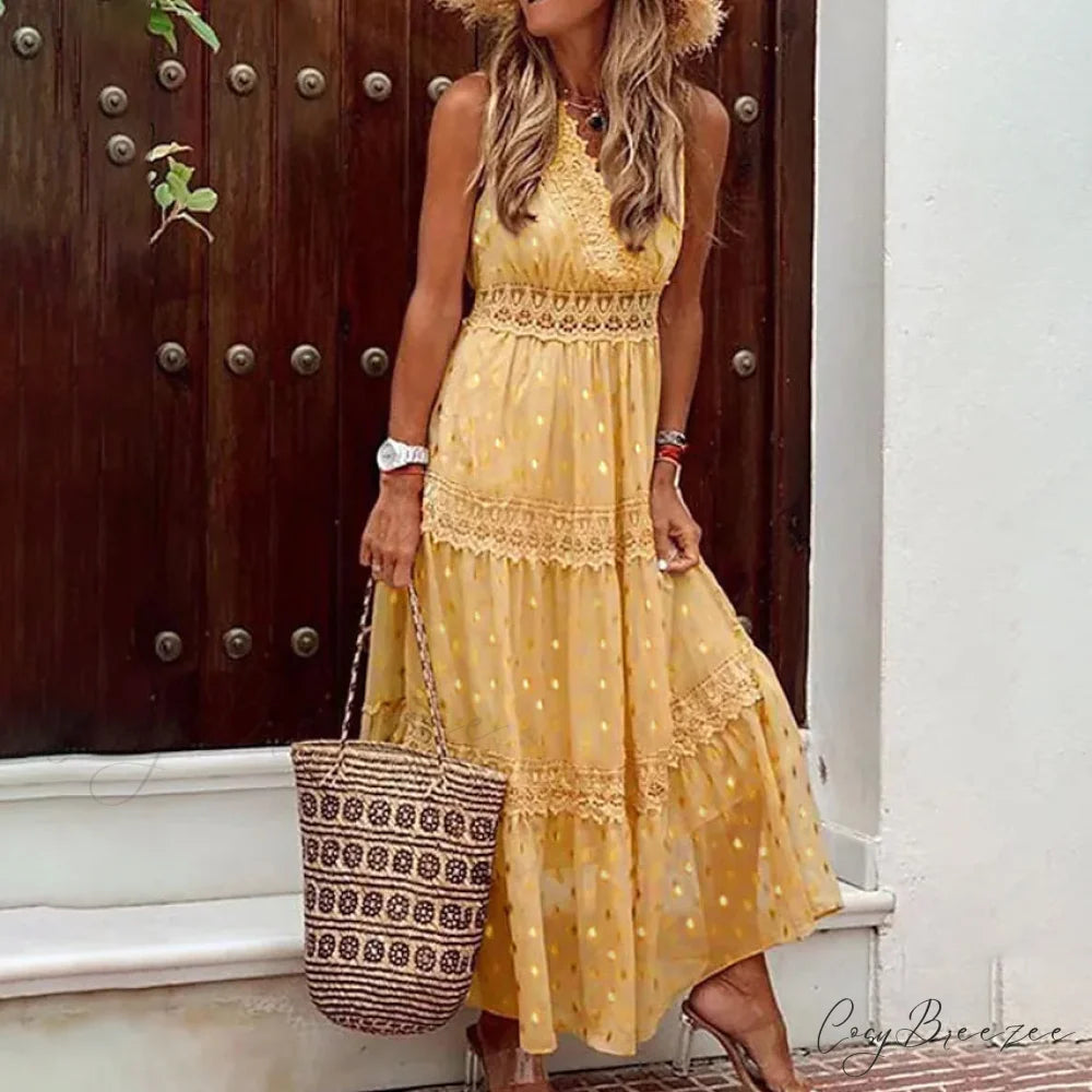 Sleeveless Lace Panel Dress for Women Yellow / S