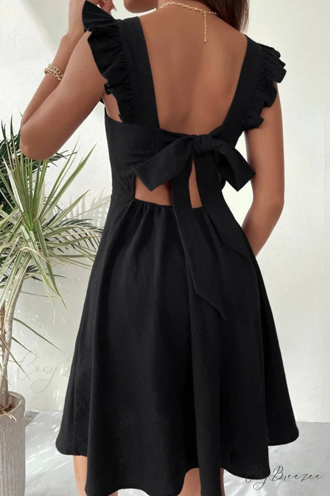 Sleeveless Mini Dress with Ruffle Detail and Tie-back Black / M
